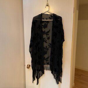 Black Rayon Evening Shawl with Velvet Flowers and Silk Fringe